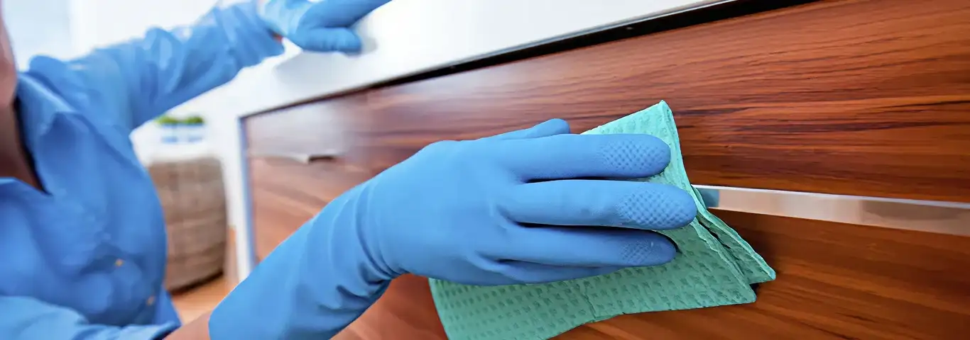 Cleaner wearing blue gloves wiping a wooden cabinet drawer with a microfiber cloth for dust and grime removal, Detroit, MI.