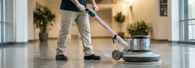 Professional technician using an industrial floor buffer to polish and maintain shiny commercial flooring in a corporate hallway in Detroit, MI.