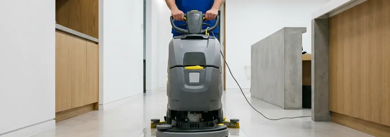 Janitorial staff using a floor scrubber machine to clean a commercial hallway, Detroit, MI.