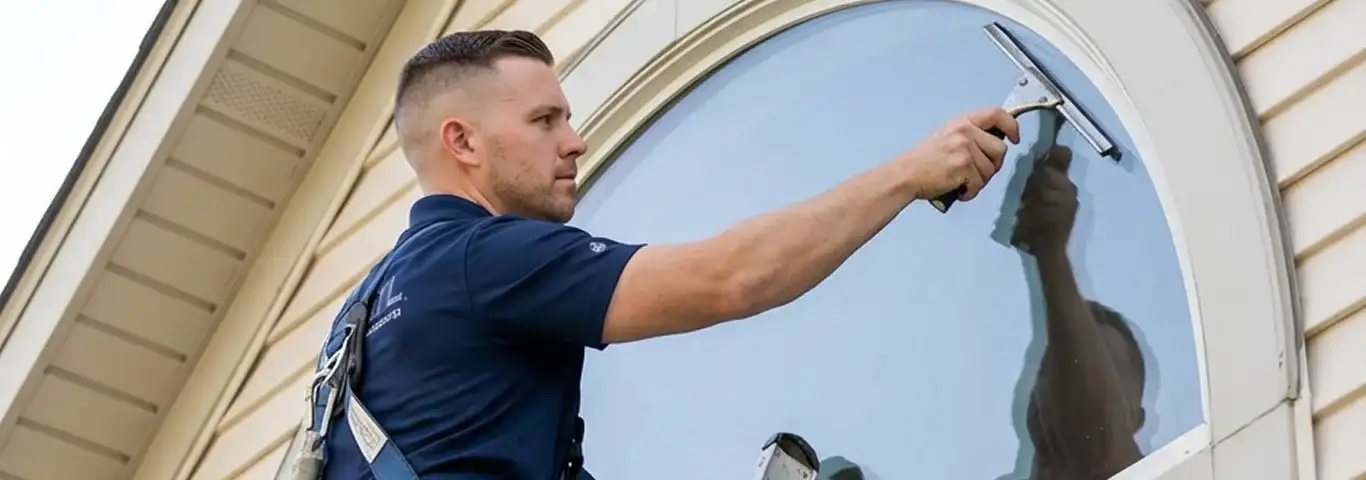 Professional window cleaner using a squeegee to clean an exterior arched window on a home, Detroit, MI.