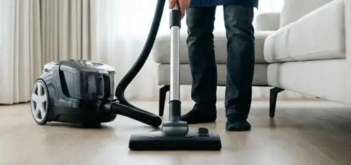 Professional house cleaner vacuuming a living room floor with a canister vacuum cleaner, Detroit, MI.