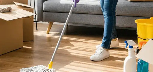 Move-out cleaning setup with a cleaner mopping hardwood floors near moving boxes and cleaning supplies, Detroit, MI.
