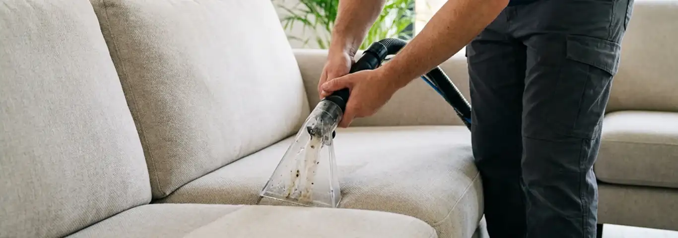 Technician extracting dirt and moisture from a fabric sofa with an upholstery cleaning wand, Detroit, MI.