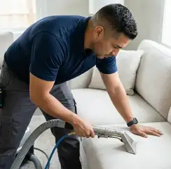 Professional upholstery cleaning technician using an extraction wand to deep-clean a fabric sofa, Detroit, MI.