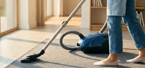 Person vacuuming a living room rug with a canister vacuum cleaner near large windows, Detroit, MI.